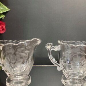 Etched Floral Crystal Cream and Sugar Set Clear Glass Vintage‎ Heavy Elegant